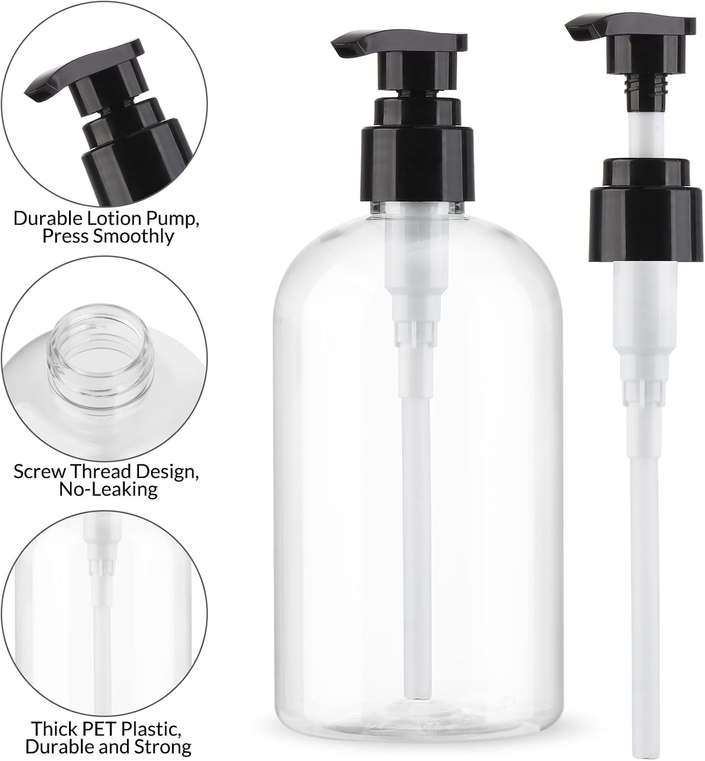 Empty Pump Bottles Dispenser - 2 Pack 300ml Clear Plastic for Essential Oils, Soap, Lotion & Shampoo