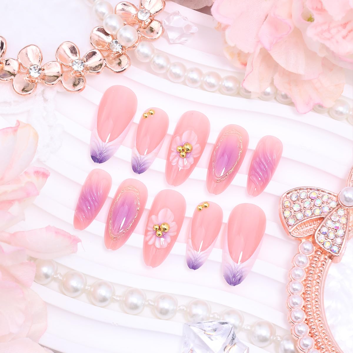 24Pcs Medium Almond Press on Nails Gradient French Tip Fake Nails 3D Purple Flower with Gold Beads Glitter Design Spring False Nails Full Cover Glue on Nails for Women Acrylic Manicure Salon Tips