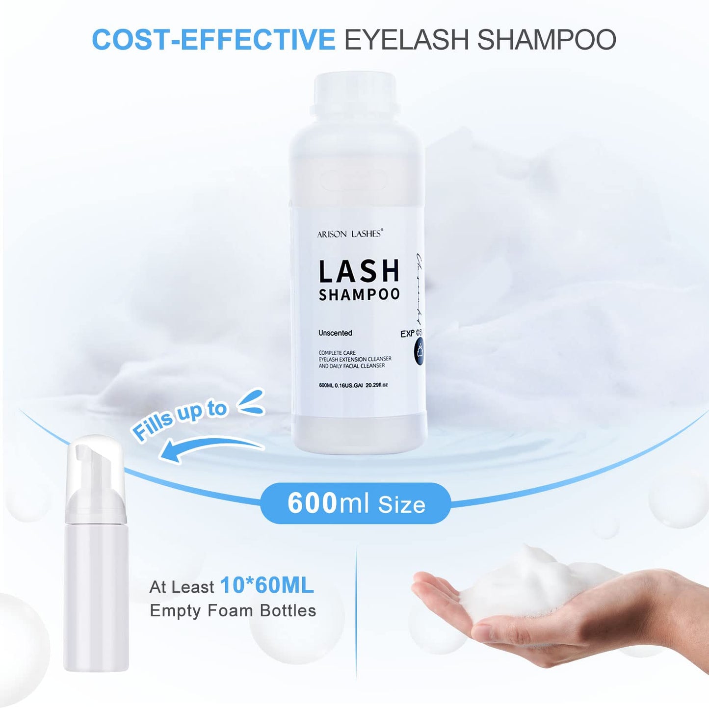 Arison Eyelash Eyelash Extension Shampoo 600ml / Eyelid Foaming Cleanser/Wash for Extensions and Natural Lashes/Paraben & Sulfate Free Safe Makeup & / Professional & Self Use (unscented)…