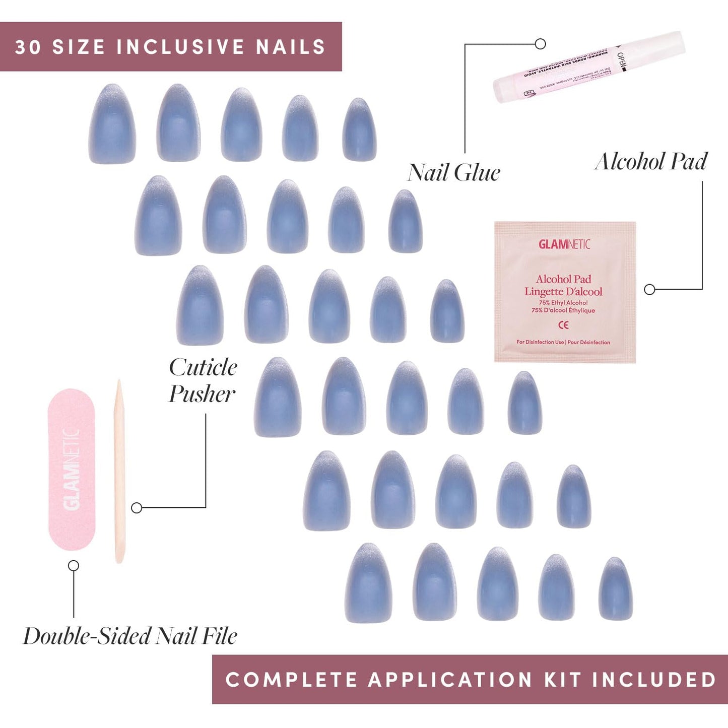Glamnetic Press On Nails - Baby Blues | Short Almond, Pastel Blue Fake Nails with a Mesmerizing Metallic Finish | 15 Sizes - 30 Nail Kit with Glue
