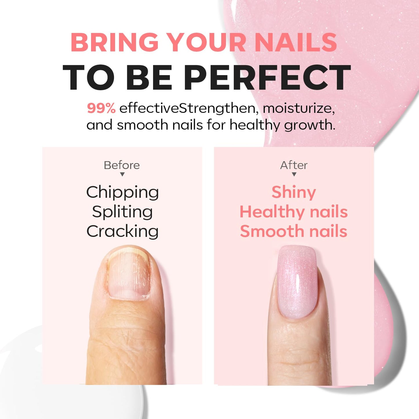 Nail Strengthener - Glitter Pink Nail Polish for Damaged Nails | 15ml Hardener & Growth Formula