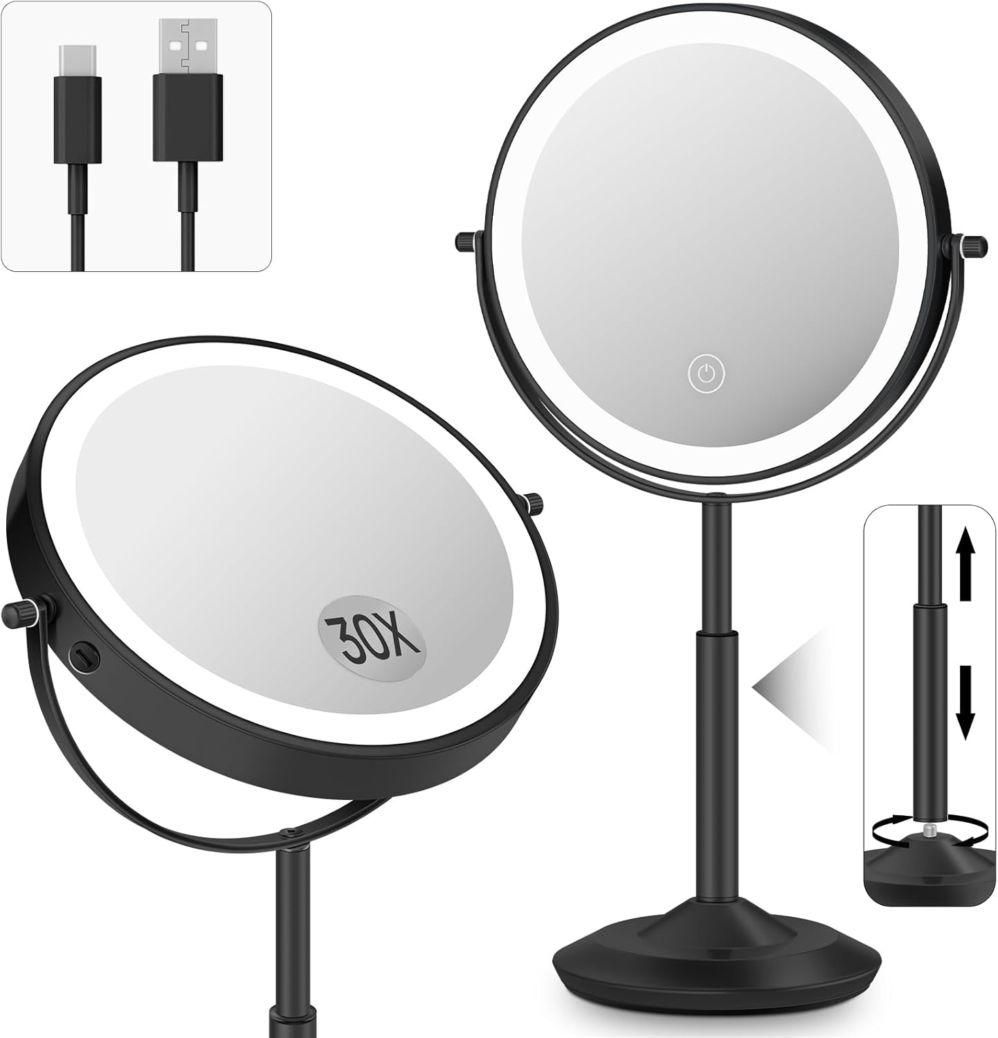 Makeup Mirror with Lights - 1X/30X Adjustable Magnifying Vanity Mirror | Rechargeable, Double-Sided, 3 LED Brightness Options