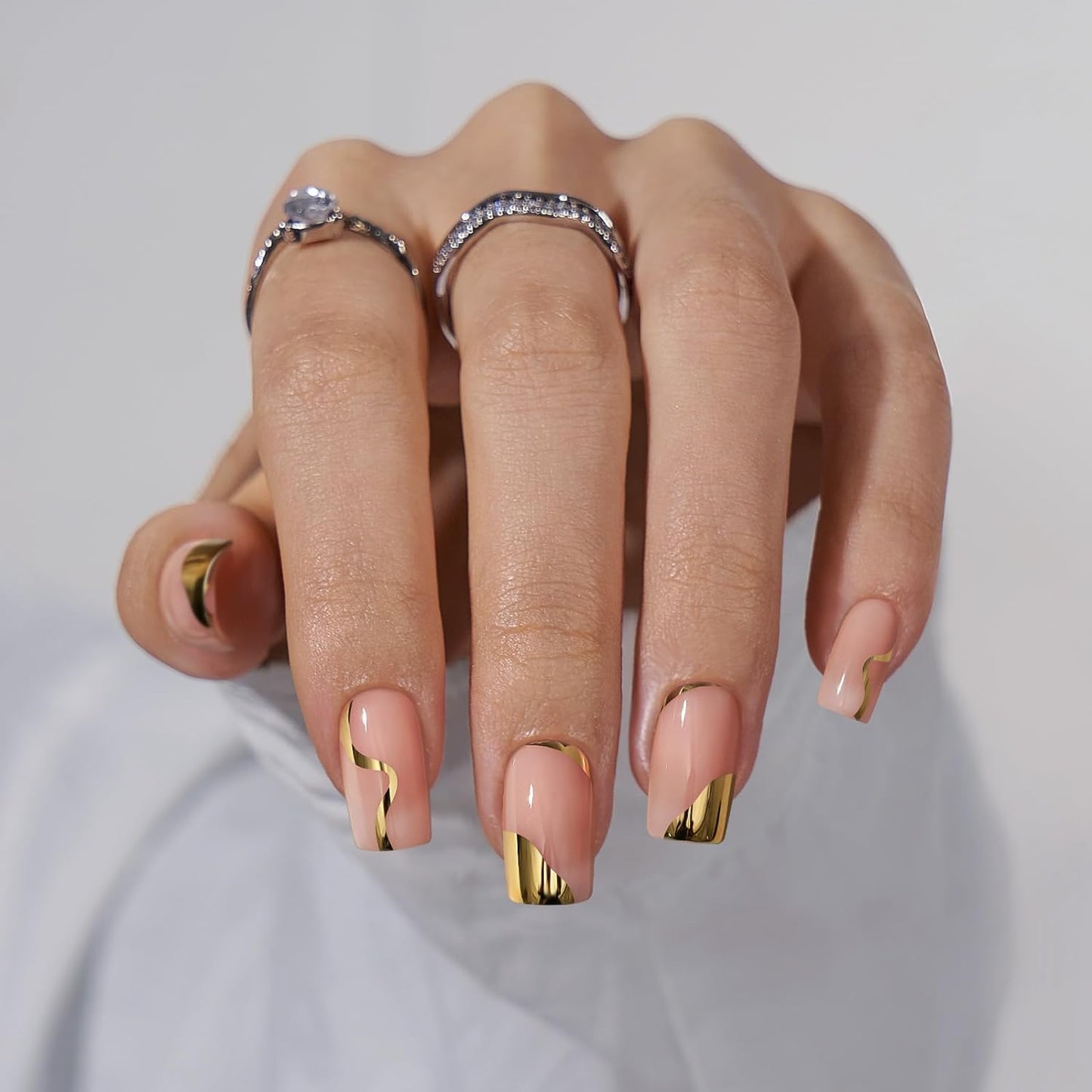 French Tip Press On Nails - Chrome Short Almond Design | Semi-Transparent Soft Gel, 16 Sizes, 32 Piece Kit