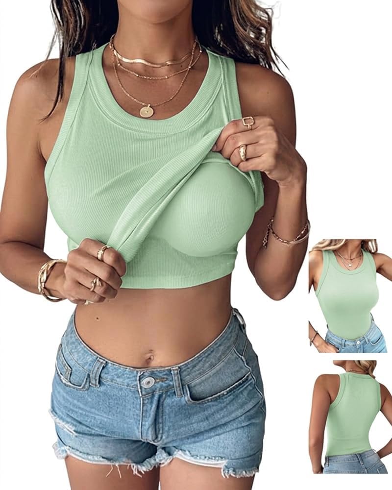 Women’s Built-In Bra Tank Top - Sleeveless Racerback Ribbed Fitted Shirt | Casual Style