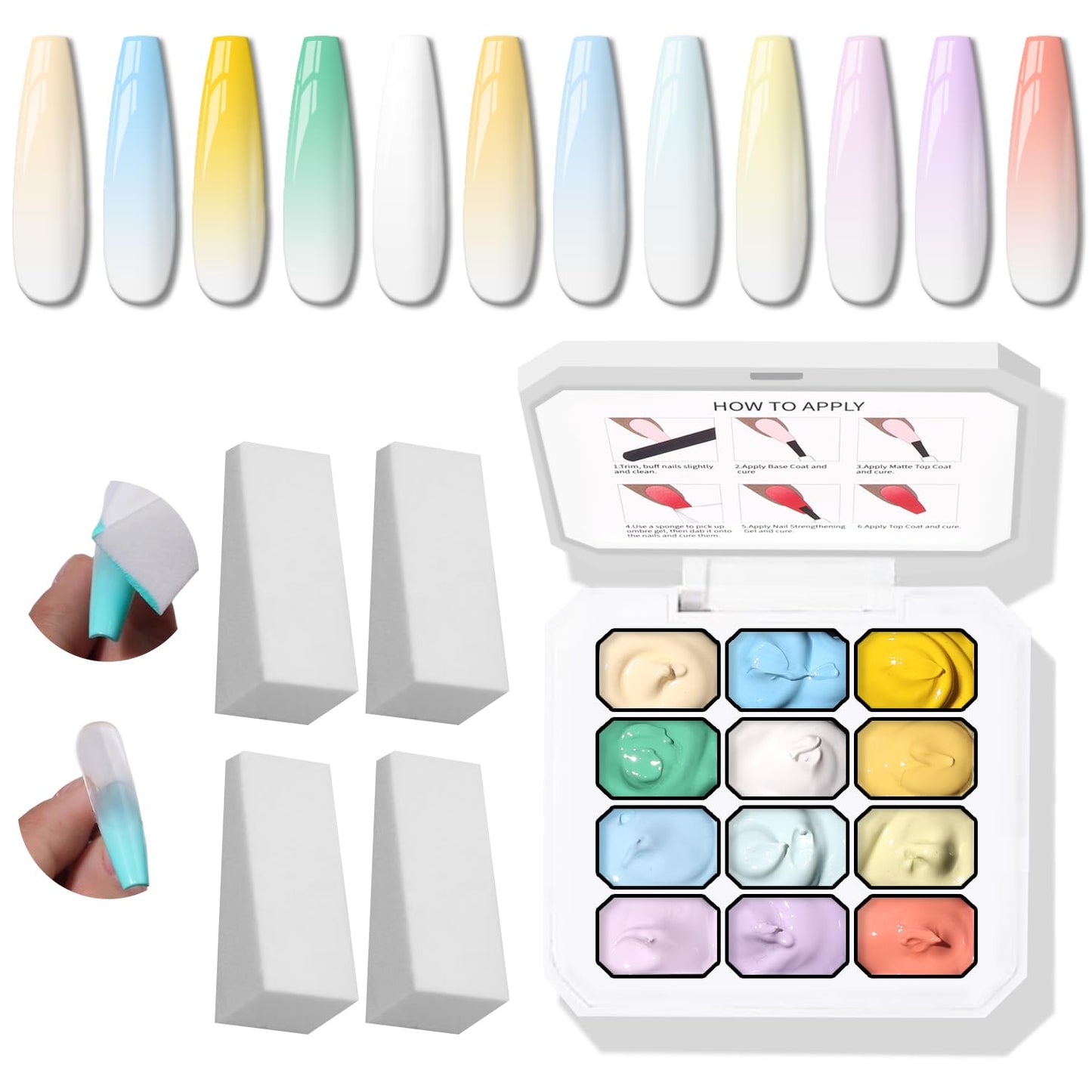Sponge Pat Gel Nail Polish Palette - 12 Colors Ombre Gradient Art | No Wipe, UV/LED Cured