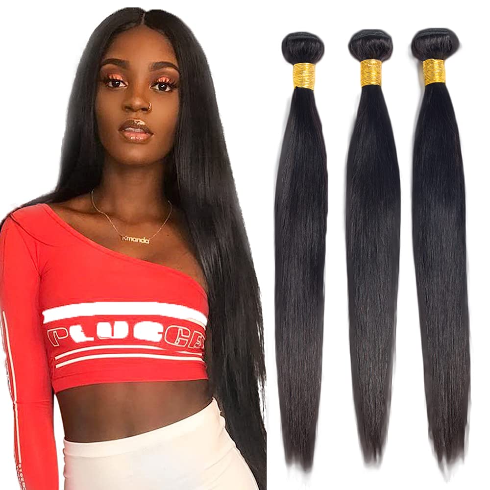 #1B Human Hair Bundles Natural Color Straight Bundles 16 16 16 Inch Balck Unprocessed Brazilian Virgin Hair 3 Bundle 50 Gram Per Bundle Deals Quick Weave Hair Extensions