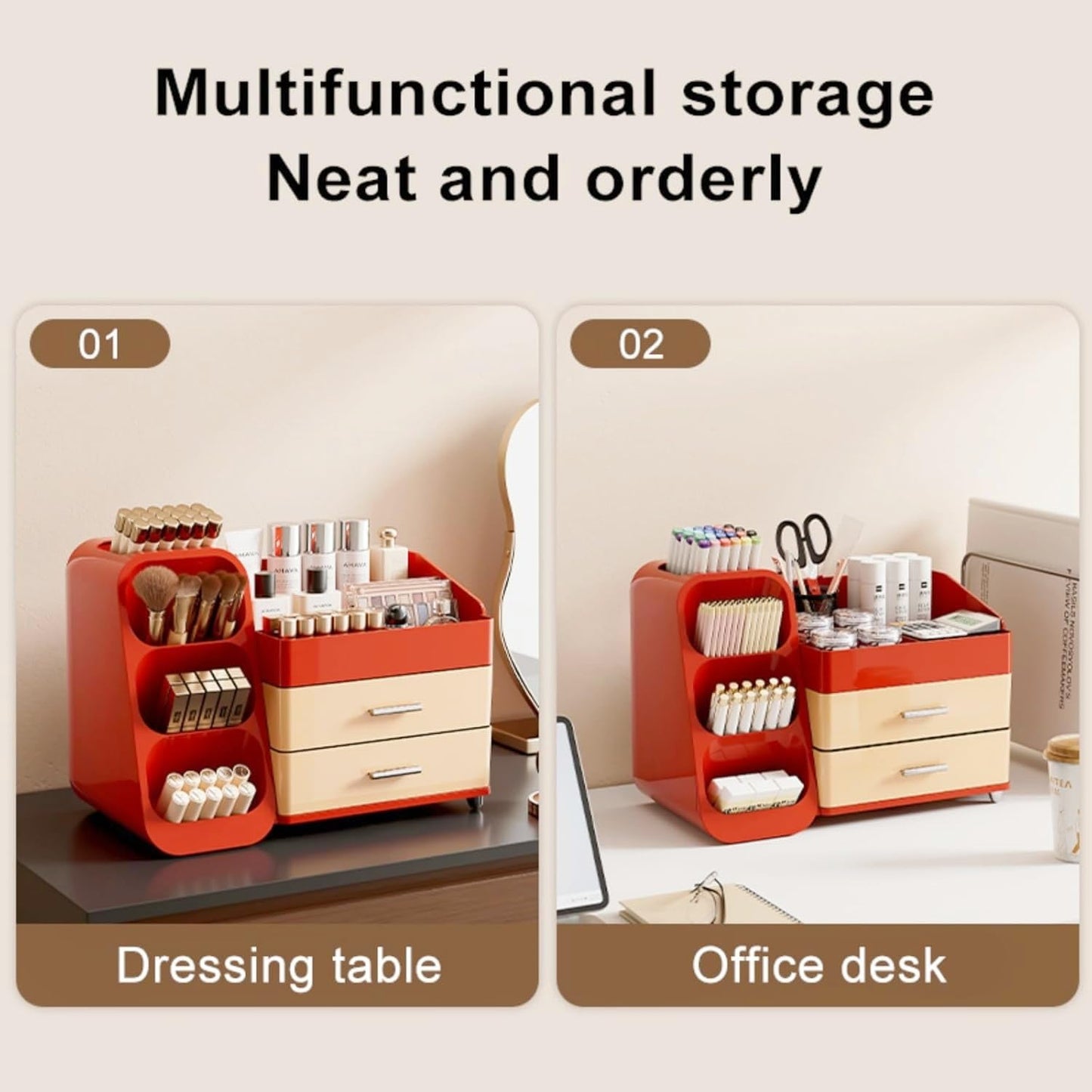 KQJS Makeup Organizer with Drawers,Large Capacity Countertop Organizer for Vanity,Bathroom and Bedroom Desk Cosmetics Organizer,Easy To Storage Skincare,Brushes,Lotions (Red and Cream)