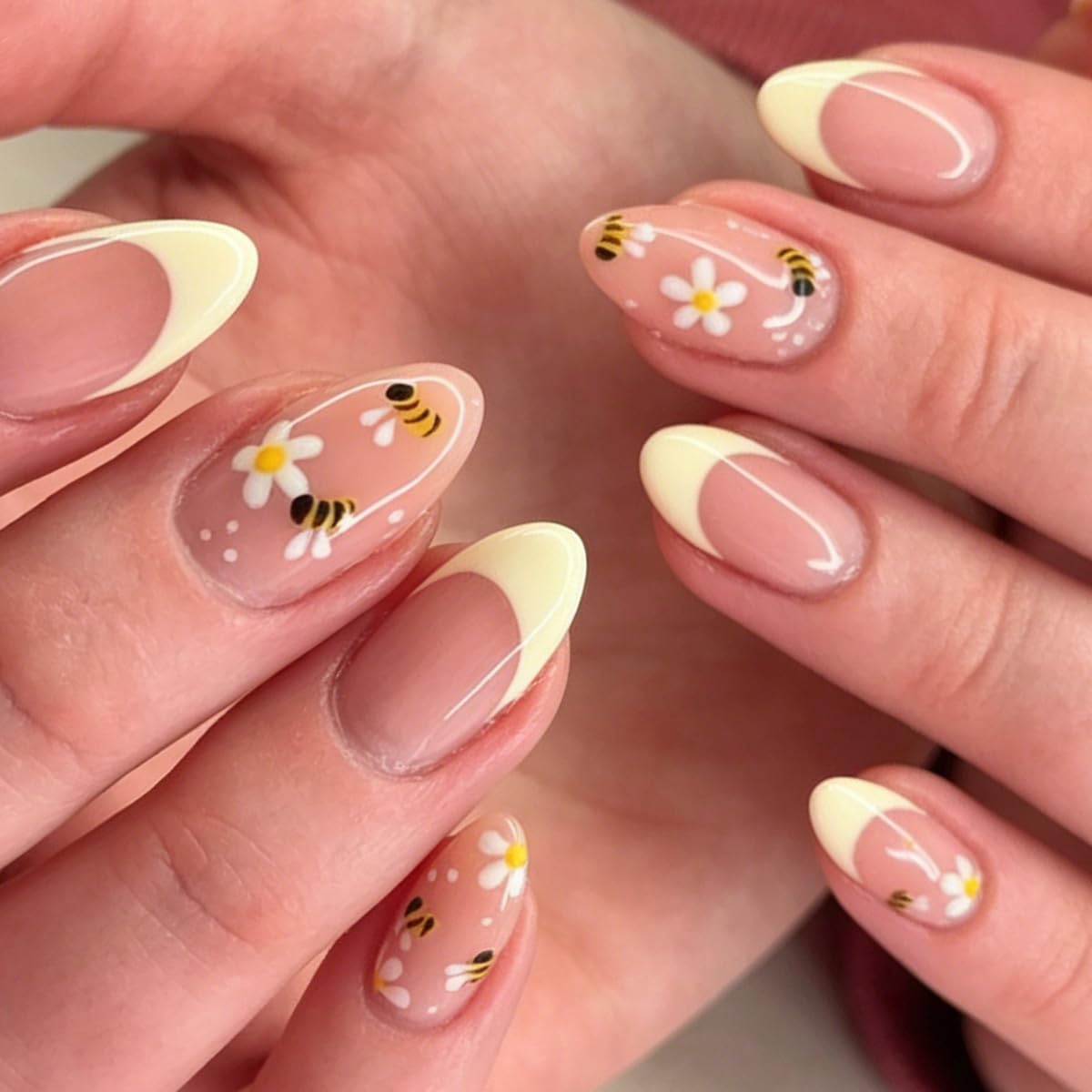 Press On Nails - Glossy Marble Medium Almond with 3D Flower & Gold Star Charms | 30 Pcs, Reusable for Ocean Beach Manicure