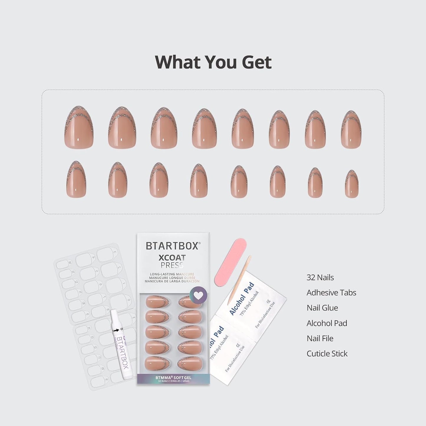 French Tip Press On Nails - Silver Bells | Lamp-Curable Short Almond Design, 16 Sizes, 32 Soft Gel Kit