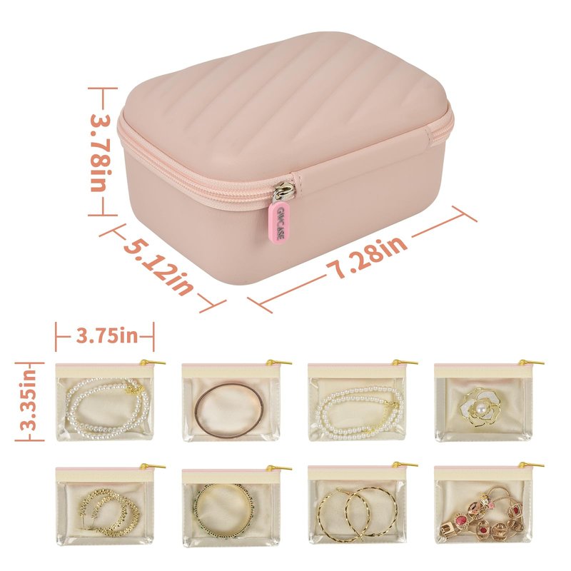 GWCASE Travel Jewelry Case for Women, PU Pink Jewelry Box with 8 Velvet Zipper Jewelry Pouches. 2-Tier Organizer for Rings, Earrings, Necklaces & Bracelet – Stylish Gift for Her（Case Only）