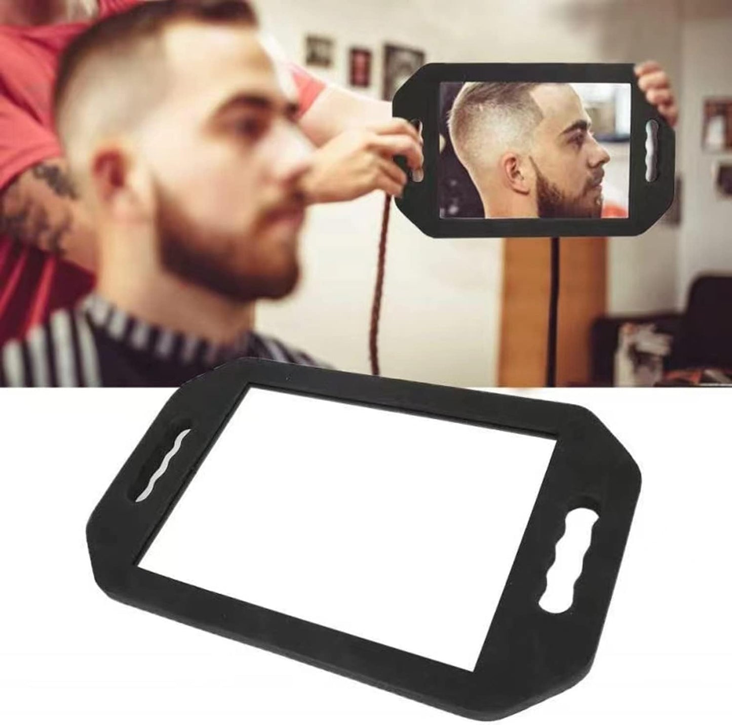 STRAMIOR Handle Large Rectangular Hand Held Mirror, Barber Mirror Salon Large Foam Hand Mirror with Double Handle,Square Barbershop Handheld Mirror,Black.