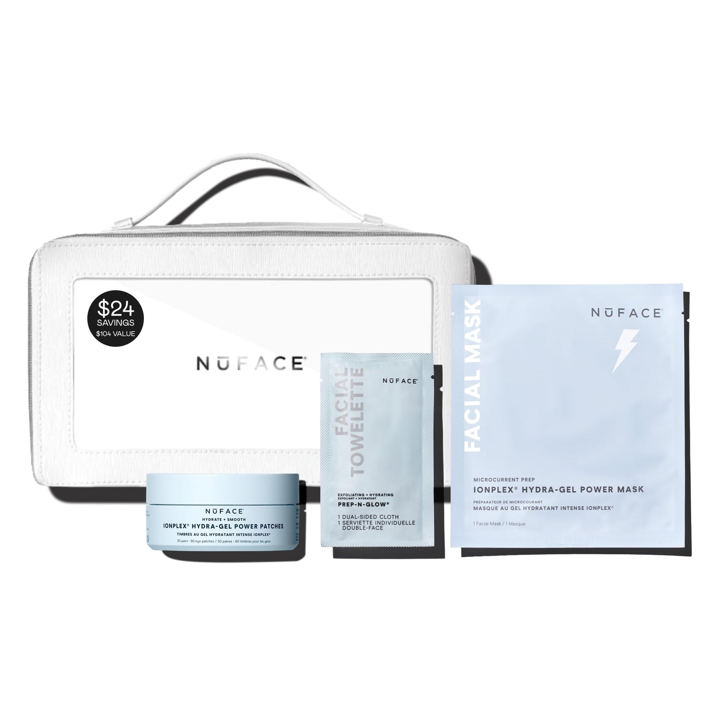NuFACE Ultimate Glow Skincare Kit - Limited Edition Set with Hydrogel Power Mask, Under Eye Patches, Prep-N-Glow Facial Wipes & Luxe Bag - Hydrating Skincare to Prep for Microcurrent (4ct)