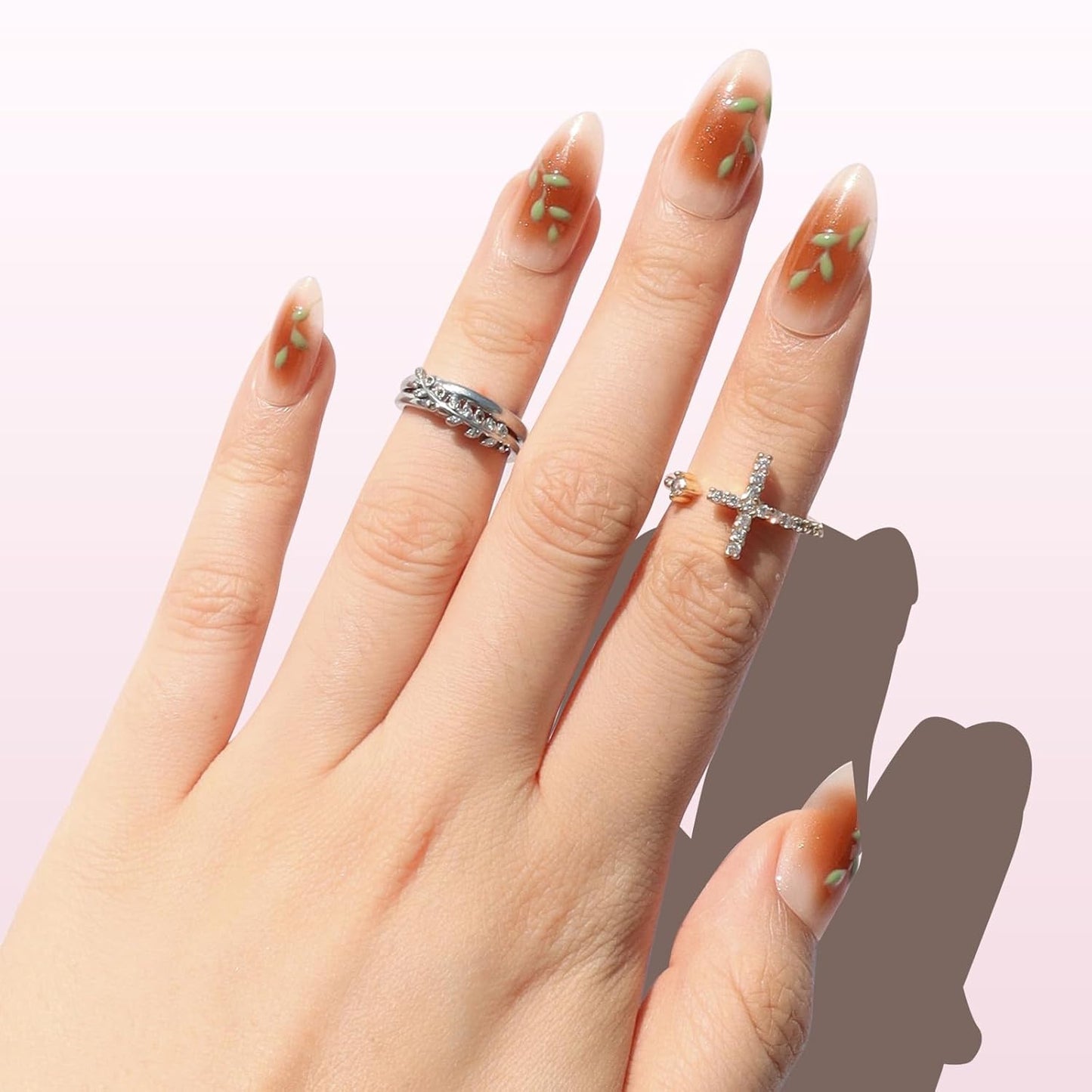 Press On Nails - Rose Gold Foil Medium Almond Fake Nails | Brown Blush Shimmer, Glossy Finish, Reusable - 30 Nail Kit with Glue, 15 Sizes