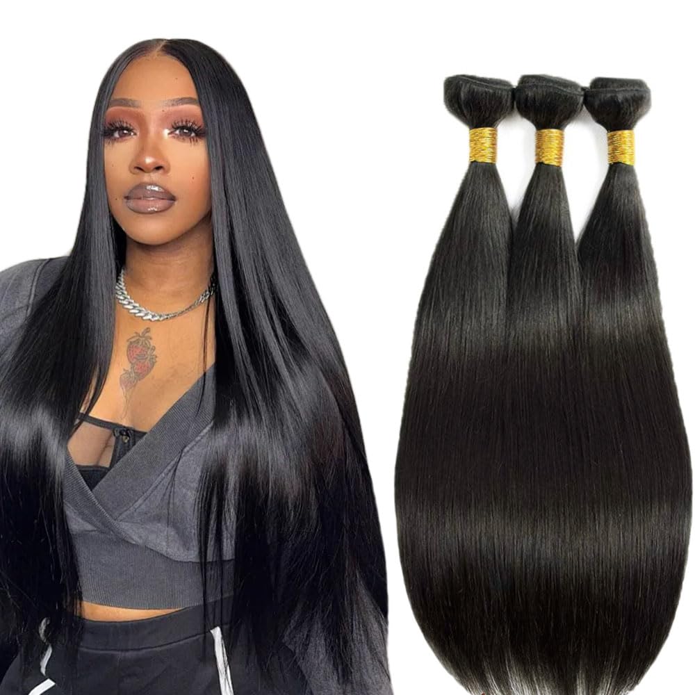 28 30 32 Inch Straight Bundles Human Hair 3 Bundles Brazilian Remy Hair 50 Grams/Bundle 10A Grade Unprocessed Virgin Hairs #1B Natural Black Color Straight Bundle Weaves Hair Extensions