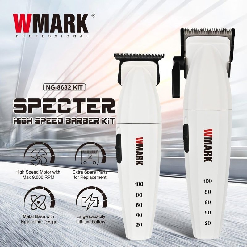 WMARK Professional 9000 RPM Hair Clipper & Trimmer Set for Men & Barbers - Zinc Alloy, Ergonomic Design, Complete Accessories, Gift Box NG-8632KIT