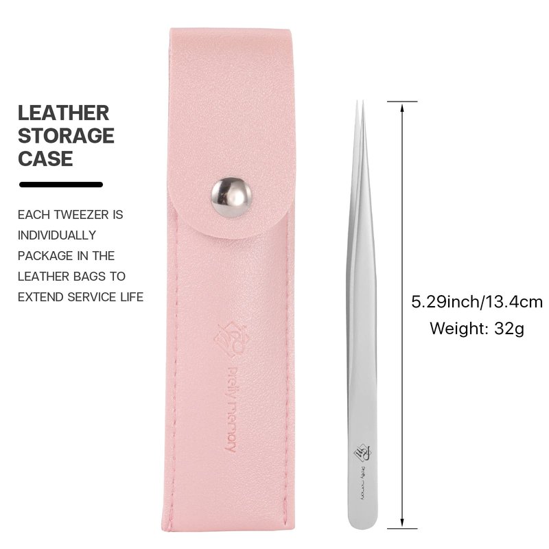 Pretty memory Pointed Tweezers for Eyelash Extensions, Stainless Steel Precision Straight Tip Lash tweezers for Isolation and Individual Lashes, Silver