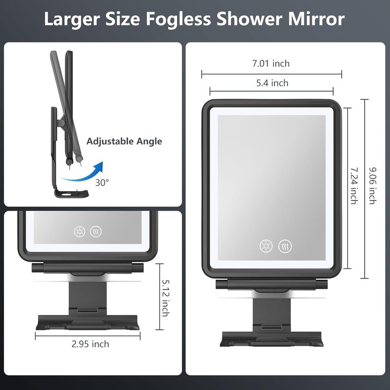Heated Shower Mirror - Fogless Shaving Mirror with Dimmable Lights | Rechargeable Anti-Fog Design, Razor Holder Included