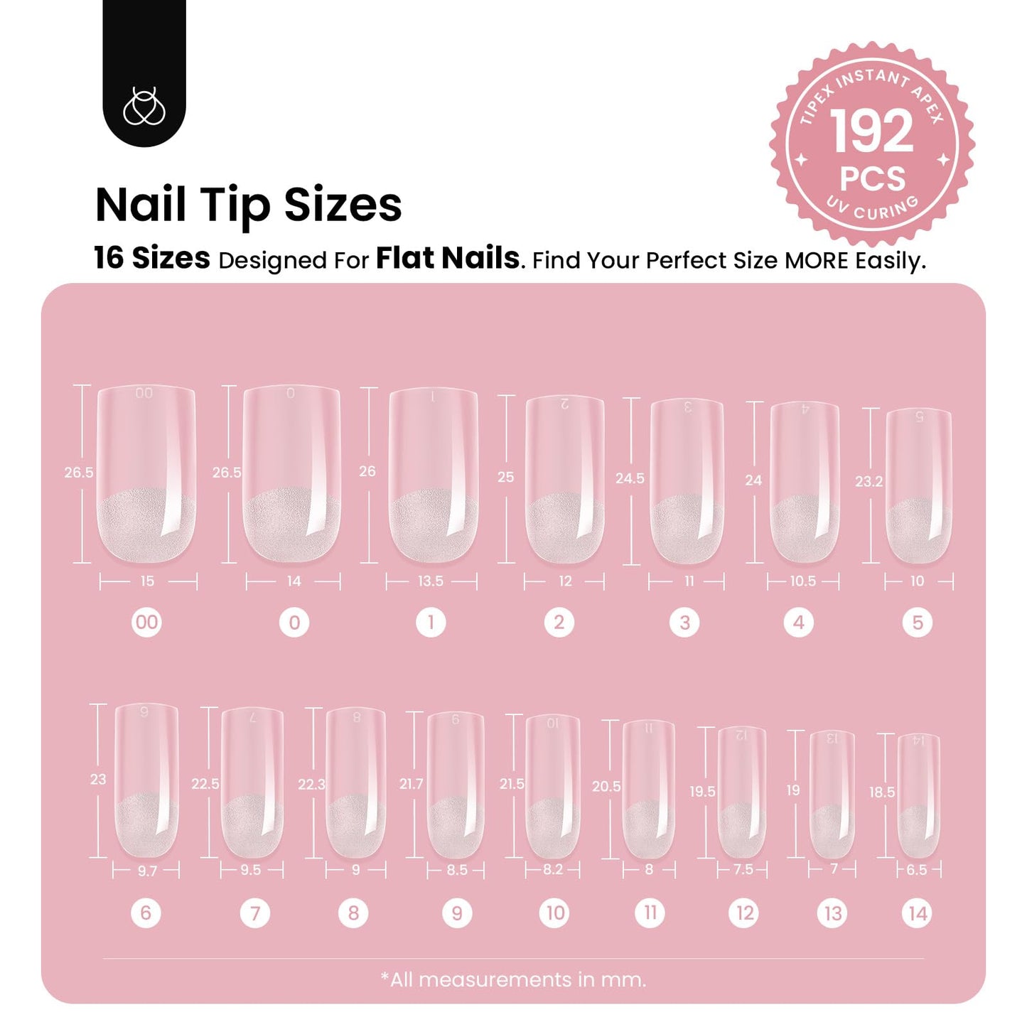 Beetles Tipex Instant Apex Nail Tips, Medium Square, 16 Sizes 00–14, 192pcs, No Builder Gel Required, Thicker Strong Acrylic Tips for DIY Salon-look Extensions