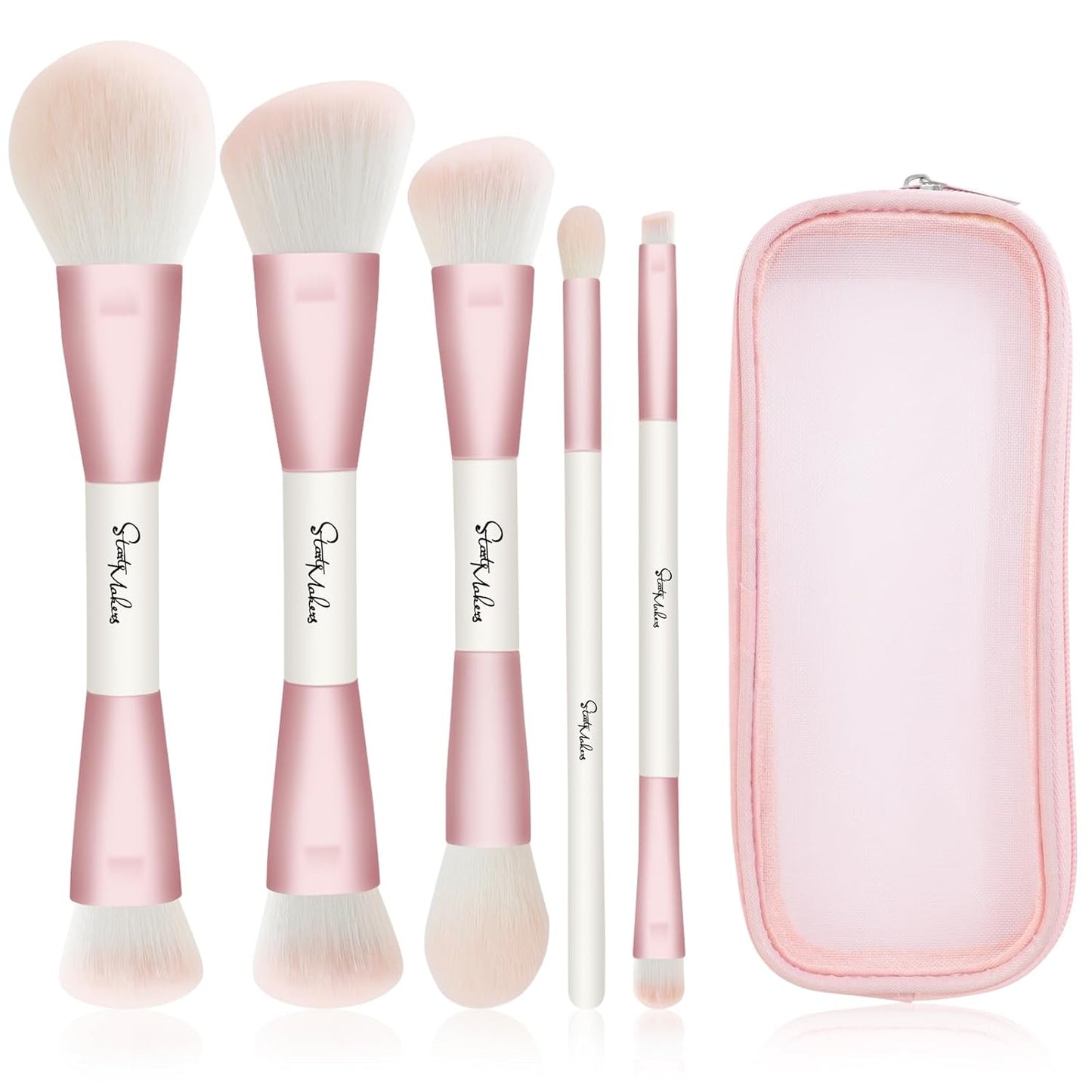 Makeup Brushes Set - 5-Piece Dual-Ended Pink Brush Set for Foundation, Blush, Contour & Eyeshadow | Travel-Friendly with Bag
