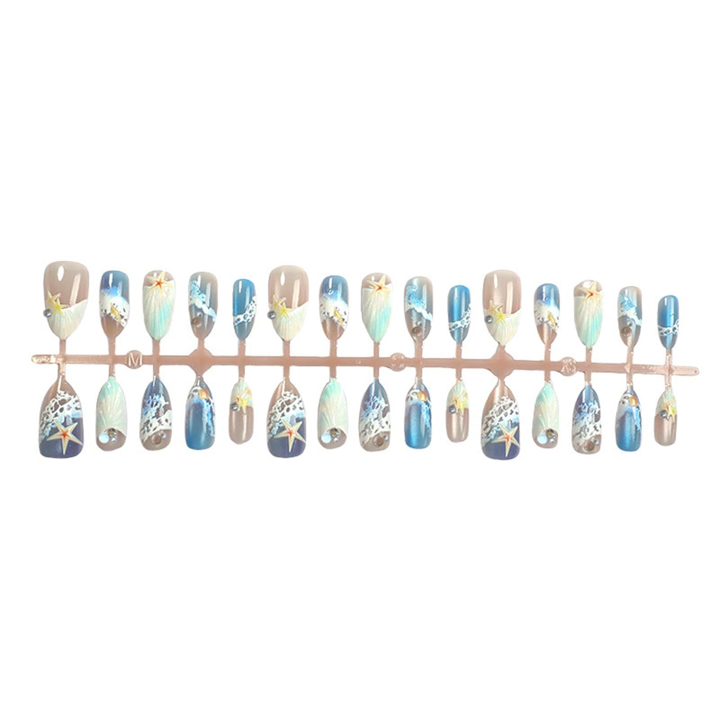 30Pcs Summer Beach Press on Nails Almond Medium Fake Nails Blue Sea French False Nails Press ons Ocean Shell Acrylic Nails with 3D Cat Eye Glue on Nail for Women Girls Manicure Deco