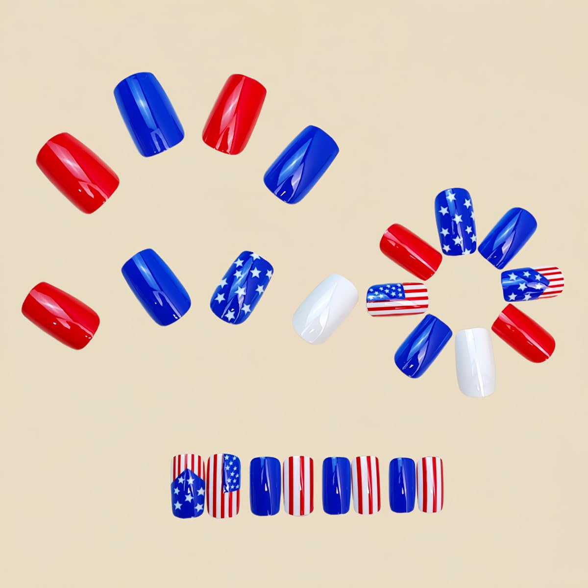 4th of July Press on Nails Medium Square Patriotic Fake Nails with Designs American Flag | Star,Red White Blue 4th of July Nails Independence Day Full Cover Stick on Nail for Women Manicure 24Pcs