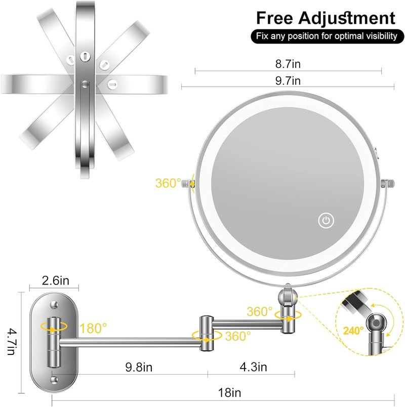 Lighted Makeup Mirror - 9" Wall Mounted 1X/10X Magnifying Mirror with 3 Color Lights & Touch Dimming | 4000mAh Rechargeable, 360° Rotation