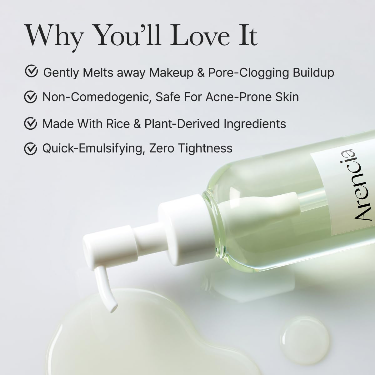 ARENCIA Pore Melt Mochi Makeup-Removing Cleansing Oil, Non-Comedogenic, Rice Amino Acids HD, Vitamin E, Cica, & Ceramide, 6.76 fl oz