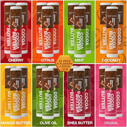 Nature's Bees Cocoa Butter Lip Balm 8 Flavors 24 Pack Cherry Citrus Mint Coconut Mango Olive Shea Original