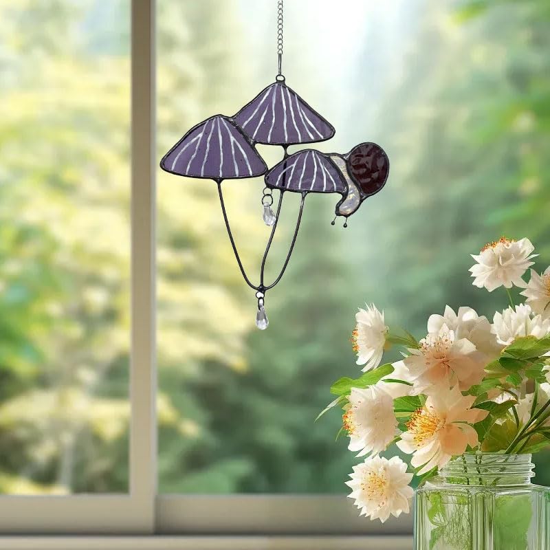 Handmade Stained Glass Snail on Purple Mushrooms Suncatcher