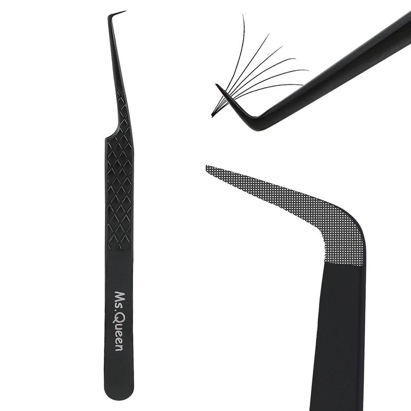 Ms.Queen Fiber Tip Tweezers for Lash Extensions, Precision 90 Degree Eyelash Tweezers for Volume & Classic Lashes,Black