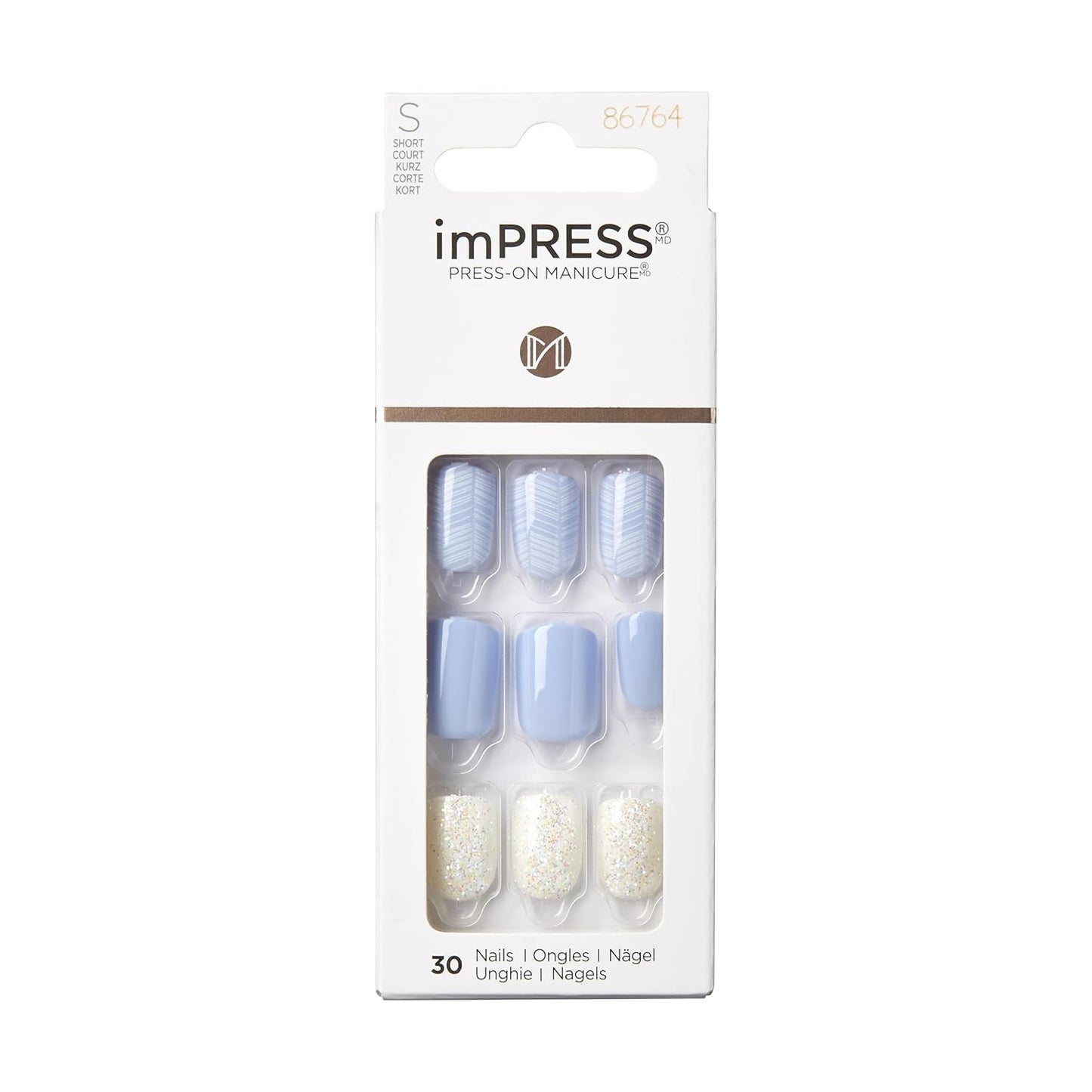KISS Impress Press-On Nails - Light Blue, Lavender & White Glitter | Short Squoval Shape, 30 Nails & Accessories