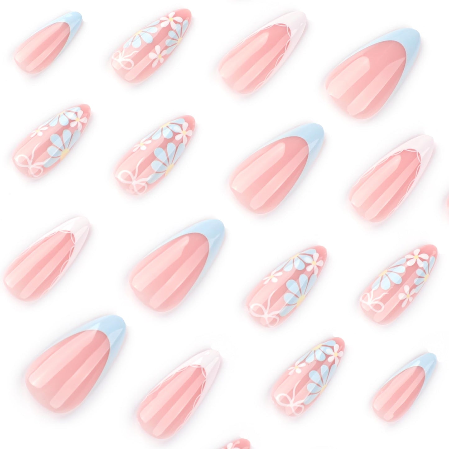 Flower Press on Nails Almond Summer Spring Nails Press on French Fake Nails with Blue Daisy Floral Designs Reusable False Nails Cute Artificial Acrylic Nail Medium Stick on Nails for Women 24Pcs