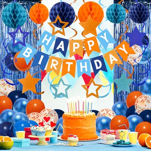 Navy Blue and Orange Birthday Decorations Set - Recosis Party Supplies with Balloons, Banner, Honeycomb Balls & Streamers