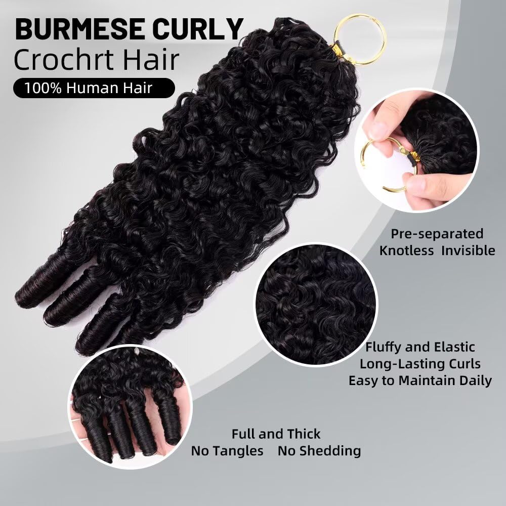 Burmese Curly Crochet Human Hair Pre Looped 120 grams Feather Human Crochet Hair Extensions Invisible Pre-Separated Knotless 100% Virgin Human Hair Crochet Bundles 100 Strands 16 Inch