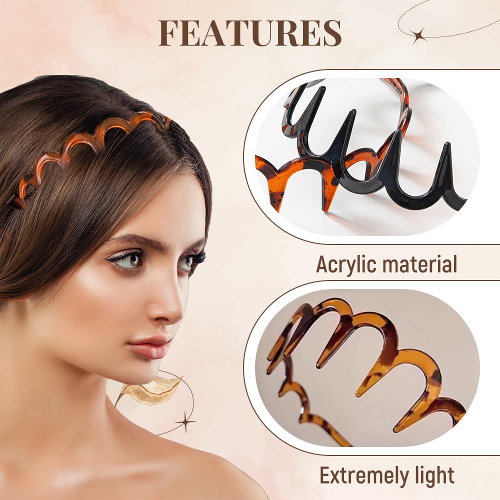 2 Pack U Shape Fashion Tooth Hair Comb Headband, Zig Zag High Cranium Headbands for Women, Reverse Hair Bands with Teeth for Women Girls (Amber & Black, one size)