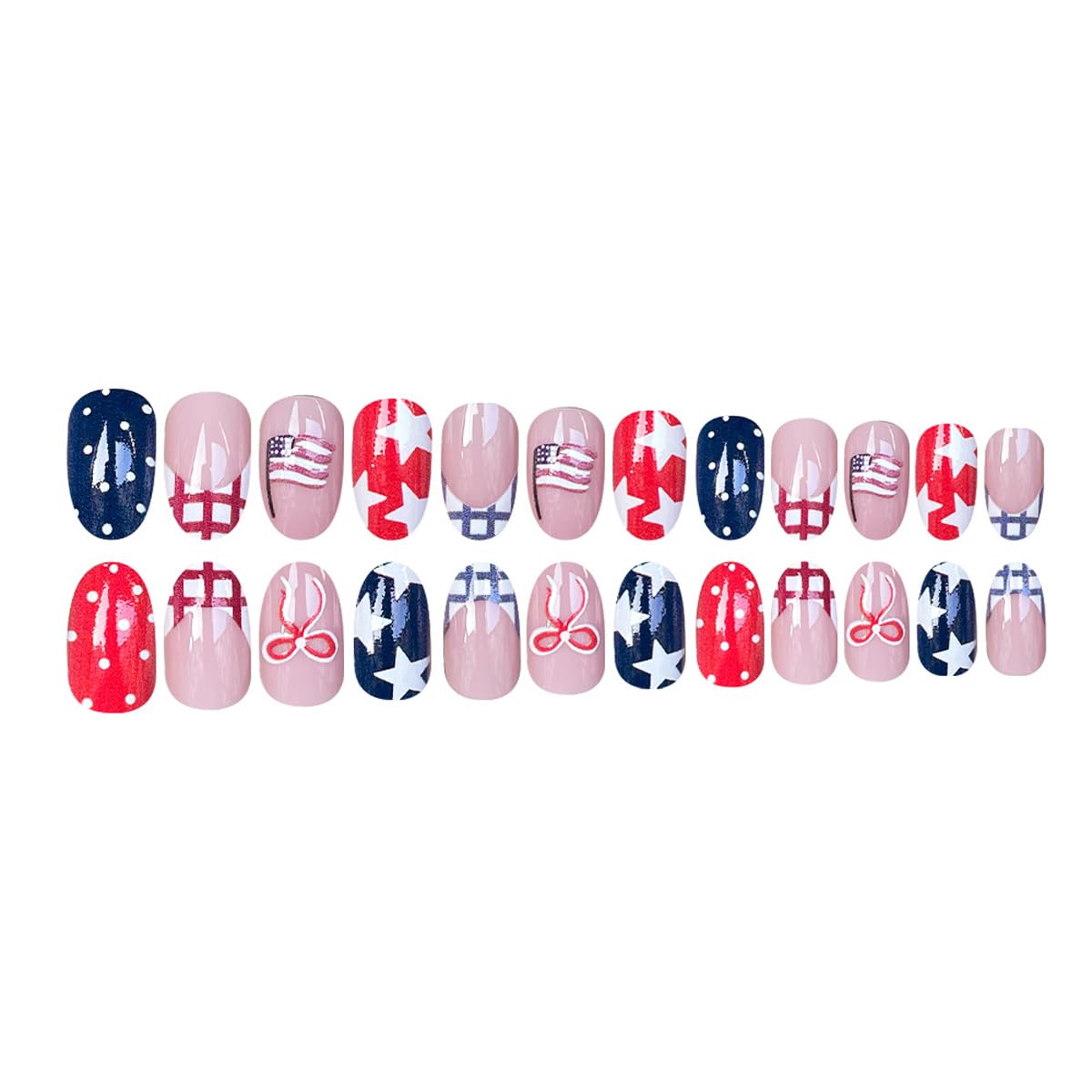 4th of July Press on Nails Medium Oval Fake Nails French Tip Glue on Nail with Star | Polka Dot | Bow Designs Independence Day Press ons Stick on Nail 4th of July Nails for Women Manicure 24Pcs