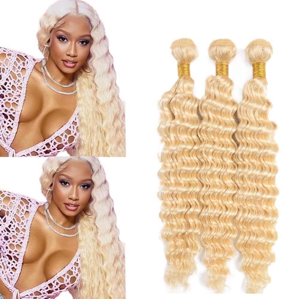 613 Human Hair Bundles 613 Deep Wave Bundle Peruvian Grade 8A Virgin Remy Hair Extensions 14 16 18 Inch Double Weft Real 613 Blonde Hair Weave