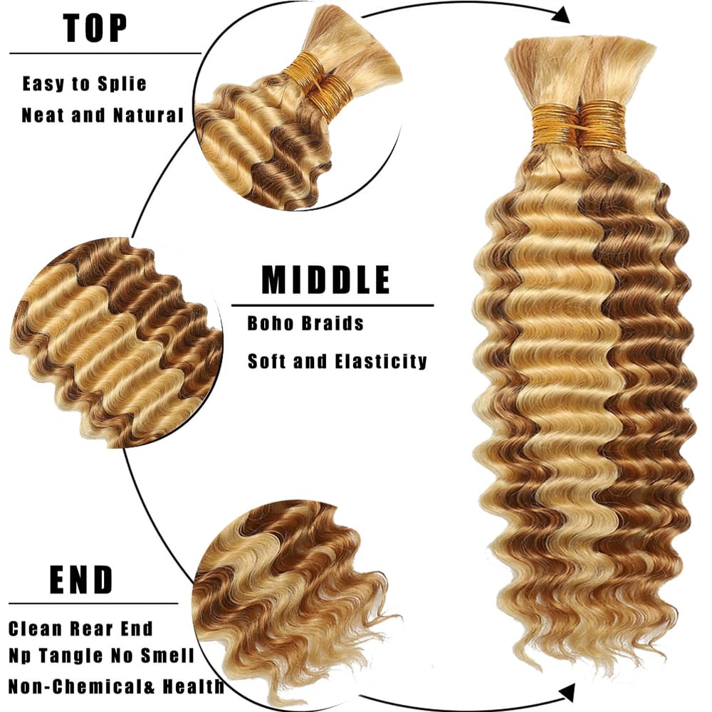 613 Human Braiding Hair For Boho Braids Honey Blonde Deep Wave Bulk Human Hair For Braiding No Weft 3 Braids Per Pack 27 Mixed With 613 Color 16 16 16 Inch
