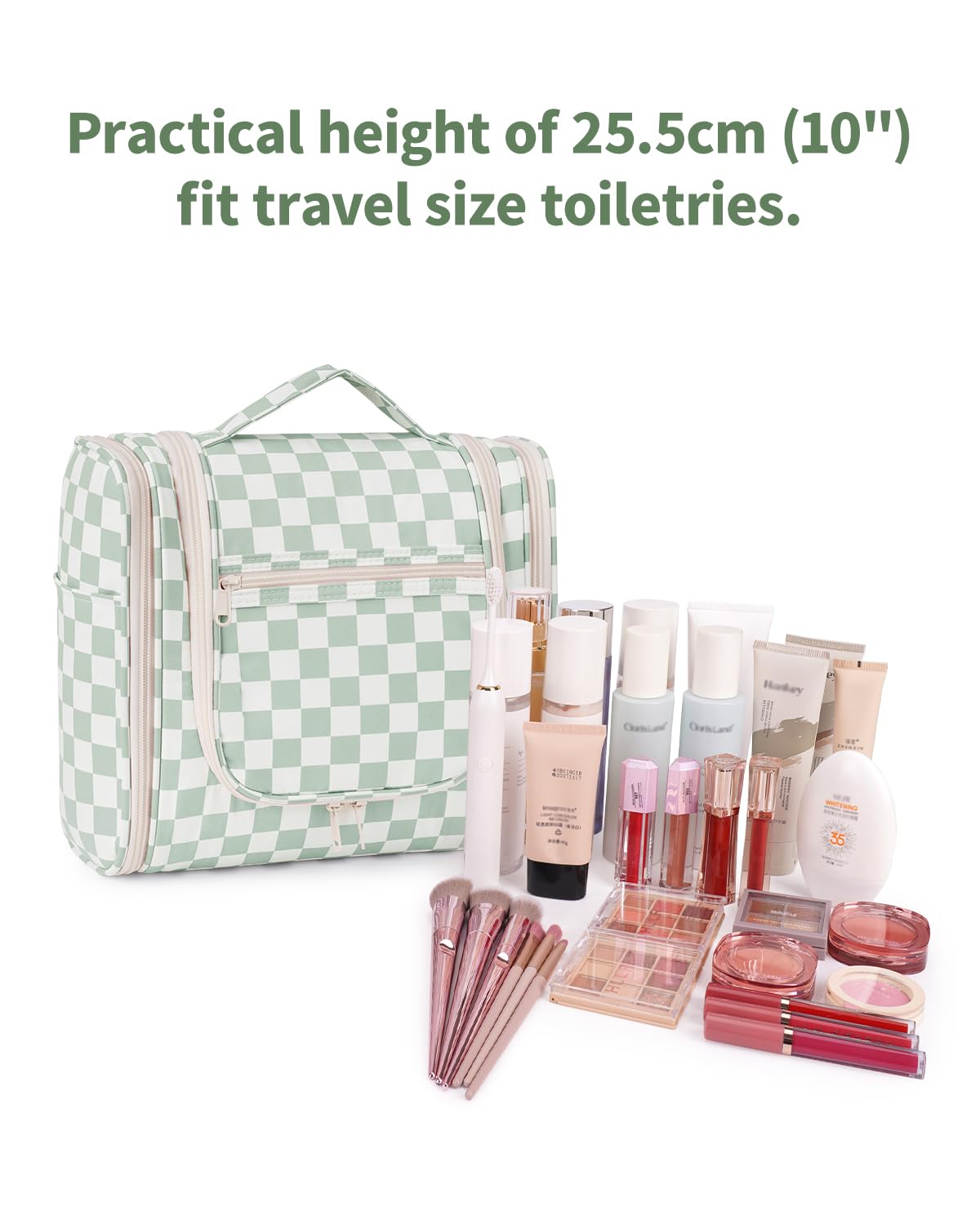 Narwey Travel Toiletry Bag for Women, Checkered Large Hanging Makeup Bag Organizer Cosmetic Make up Bags for Women, Travel Bag for Toiletries (Mint Green Checkerboard)