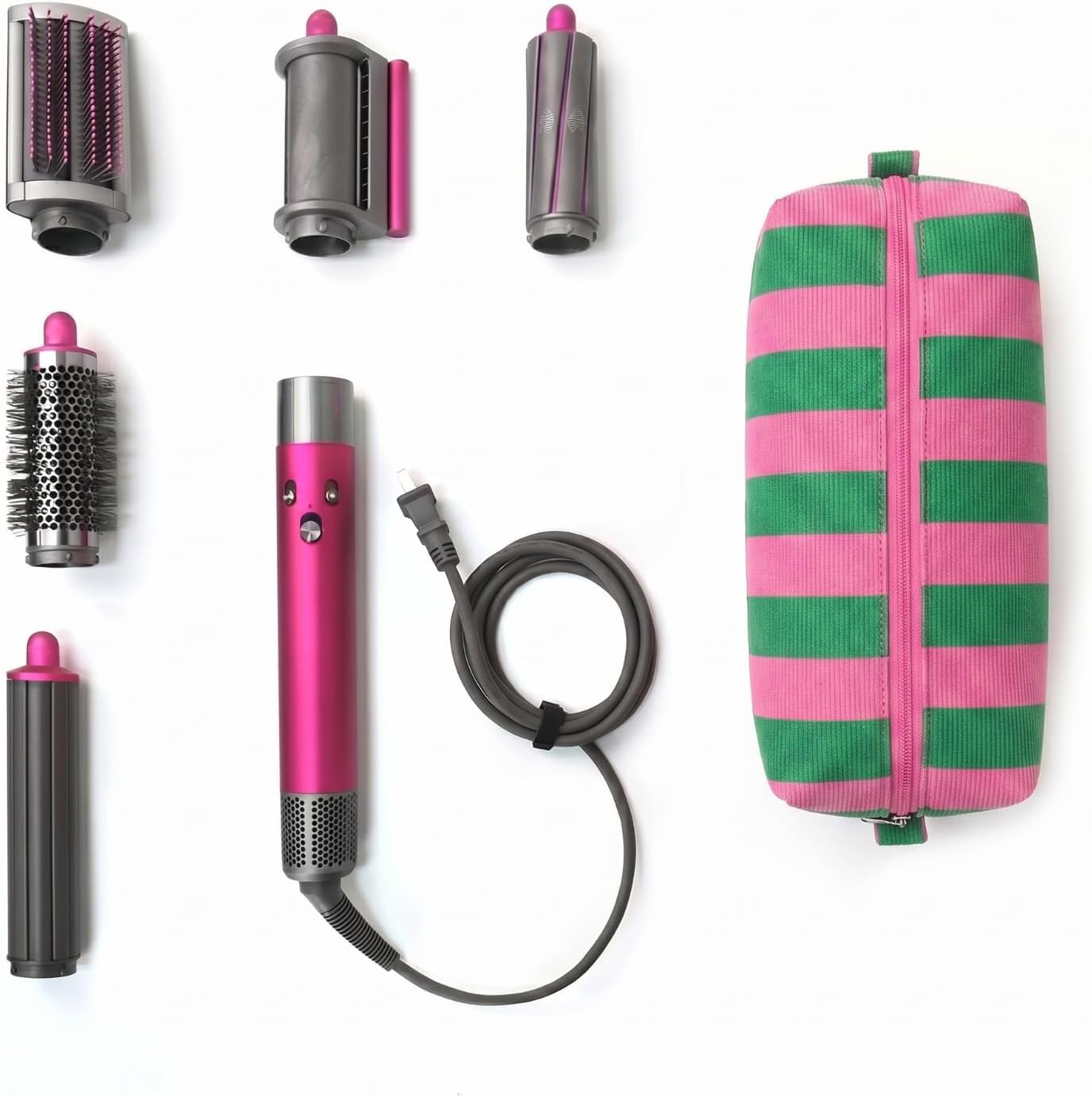 Striped Hair Tools Travel Bag - Corduroy Organizer for Hair Dryer & Flat Iron | Aesthetic Foldable Design (Pink & Green)