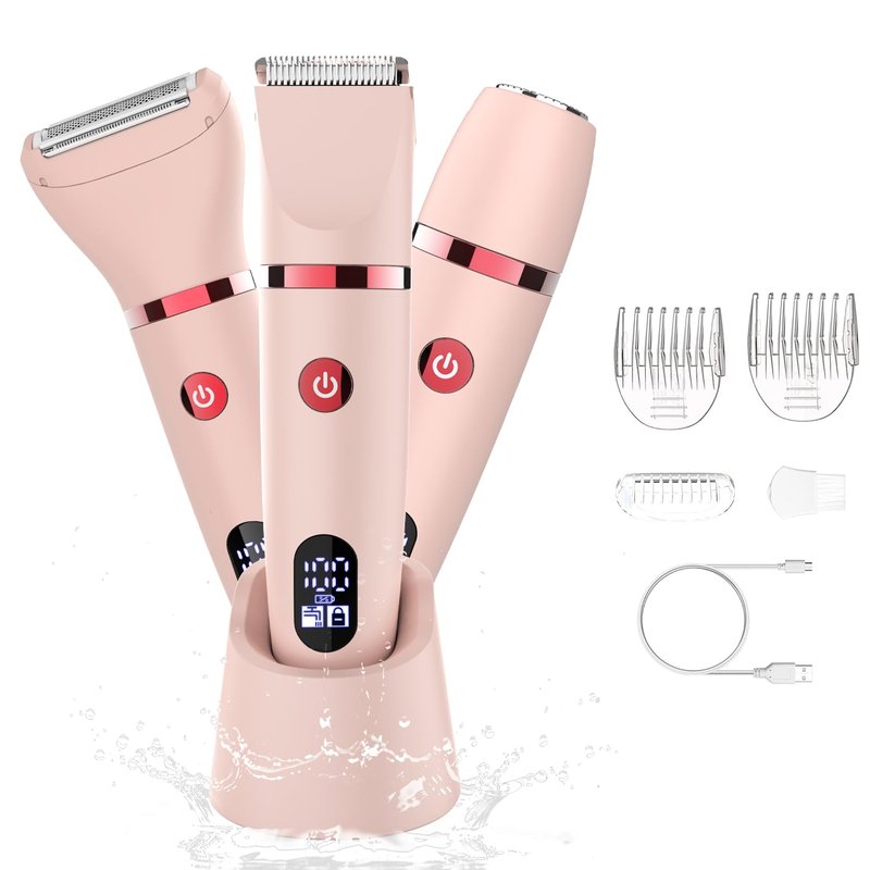 Zivelier 3-in-1 Electric Razor IPX7 Waterproof Bikini Trimmer Wet & Dry Use Painless Personal Trimmer Groomer for Ladies Face Body Legs Bikini Public Hairs Electric Lady Shaver with Replaceable Heads