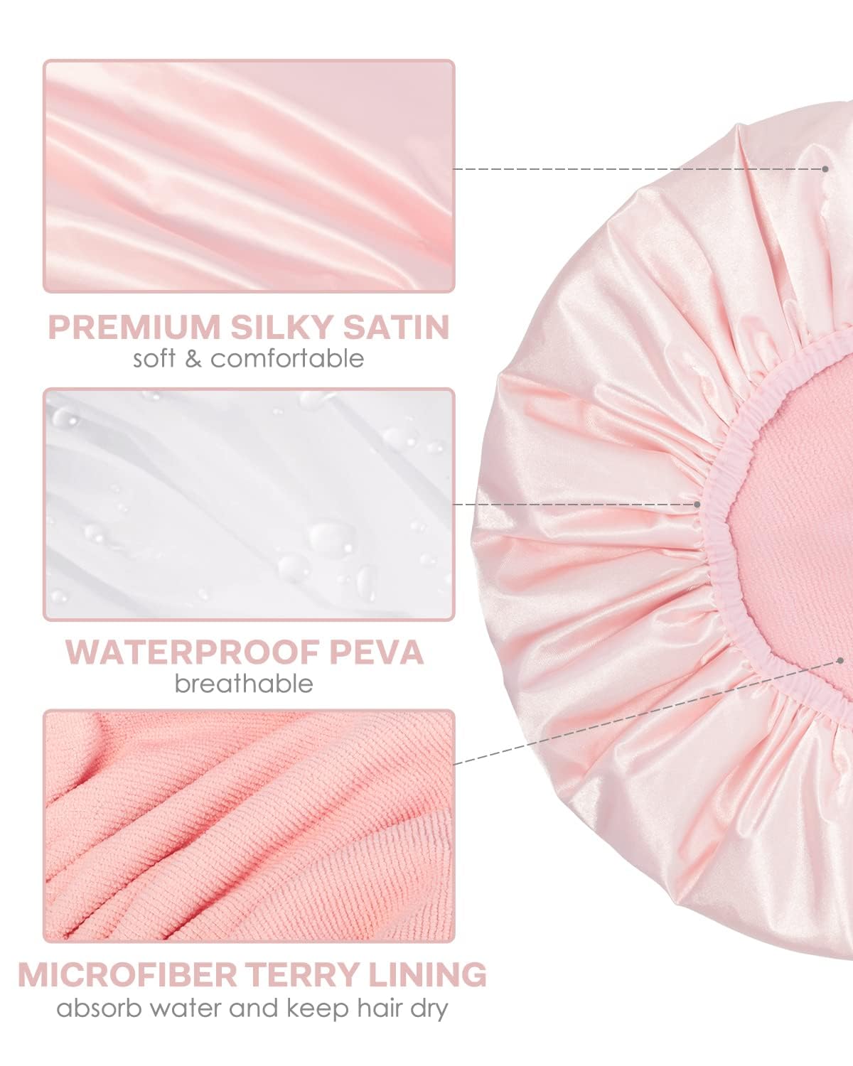 Aquior Shower Cap - Triple Layer Waterproof Bath Cap for Long Hair | Extra Large Silky Satin (Pink)