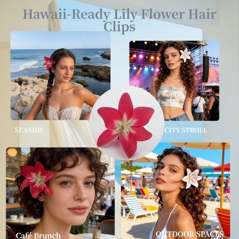 Lily Flower Hair Clips for Women - Tropical Floral Barrettes for Weddings & Prom | White & Red Tiger Design