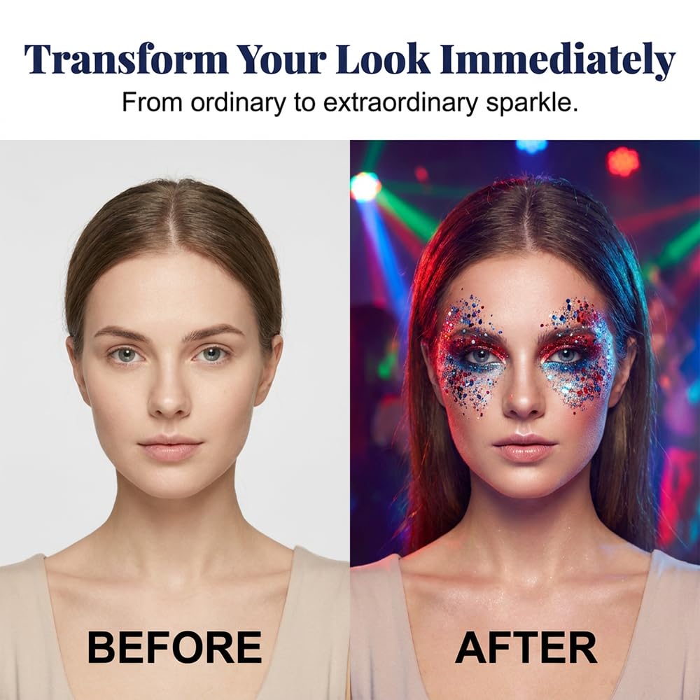4th of July Glitter Stick, Patriotic Red White and Blue Face Hair Body Glitter Stick, 4th of July Outfits for Women Men, Sparkling Glitter Makeup Accessory for Independence Day (E,1pcs)