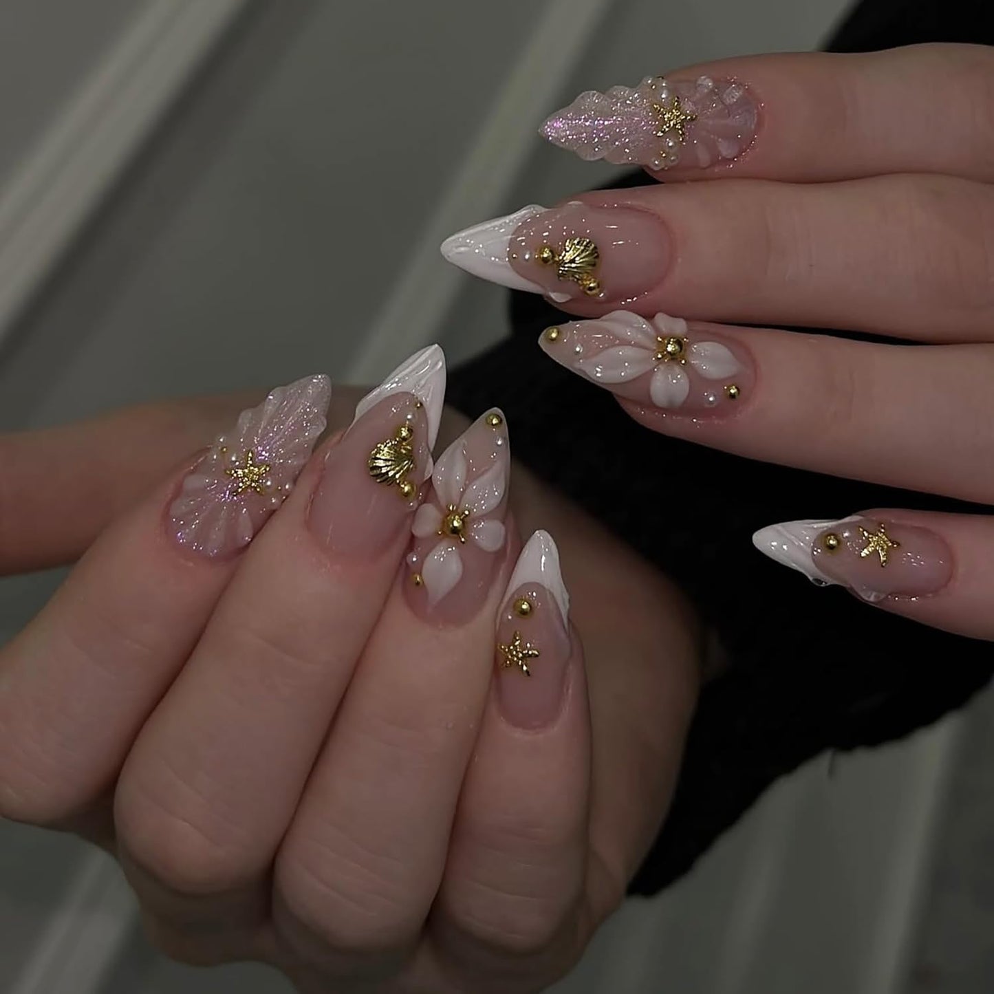 French Tip Press-On Nails - Short Square Floral Design with 3D Rhinestones | 24 Pcs Glossy Acrylic Set