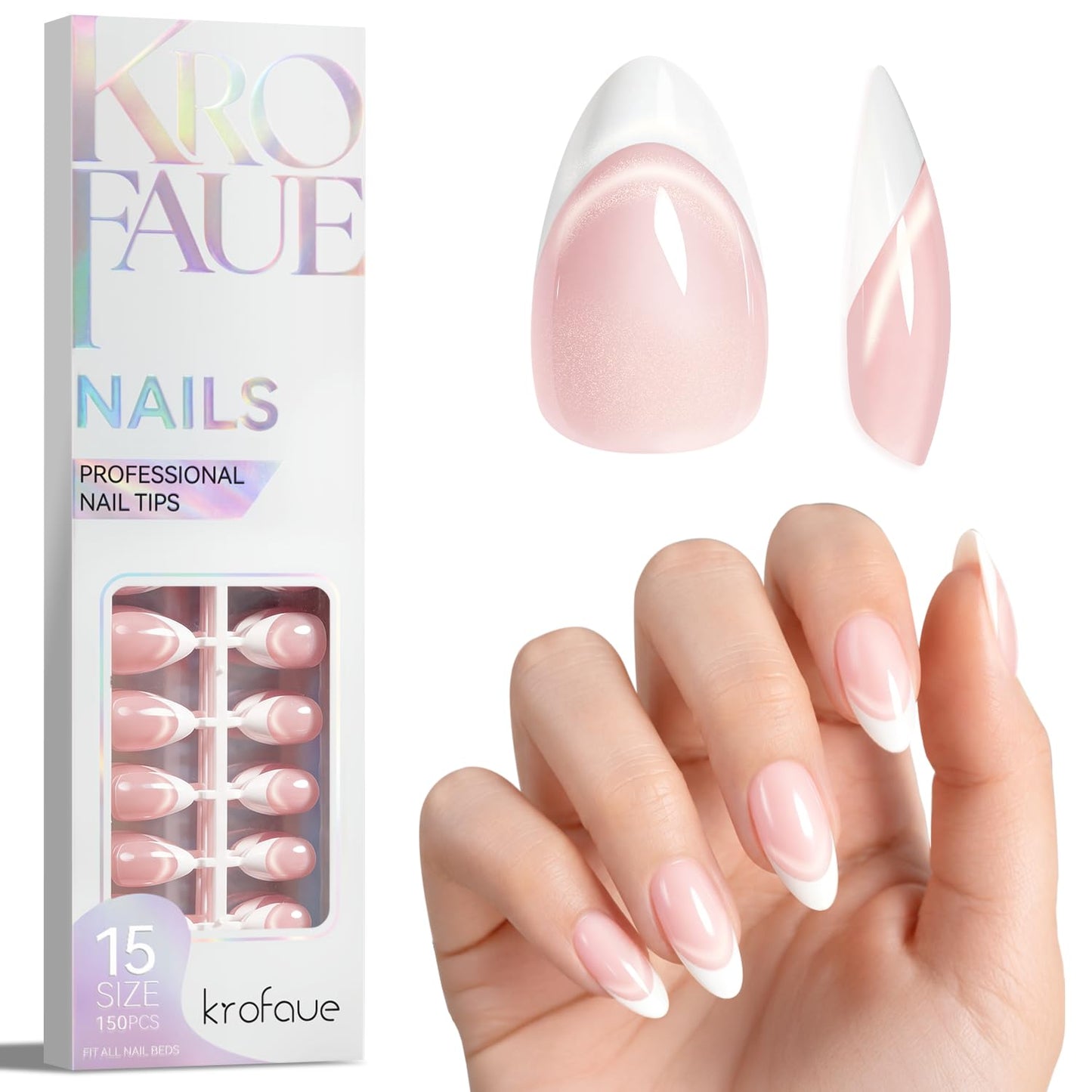 French Tip Short Almond Nail Tips - Pink Matte White Full Cover Press-On Nails | 15 Sizes for Salon & DIY Use