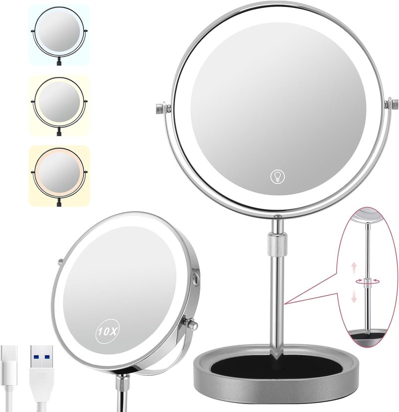 Adjustable-Height Rechargeable Makeup Mirror - 3 Color Lights, Touch Screen, 8'' Dual-Sided 1X/10X | 360° Rotation with Jewelry Tray