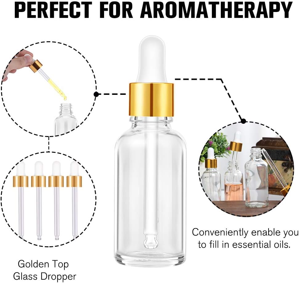 Glass Eye Dropper Bottles 2oz (60ml) - 63 Pack Clear Thick Bottles with Leakproof Golden Caps | Ideal for Essential Oils, DIY Serums, Travel