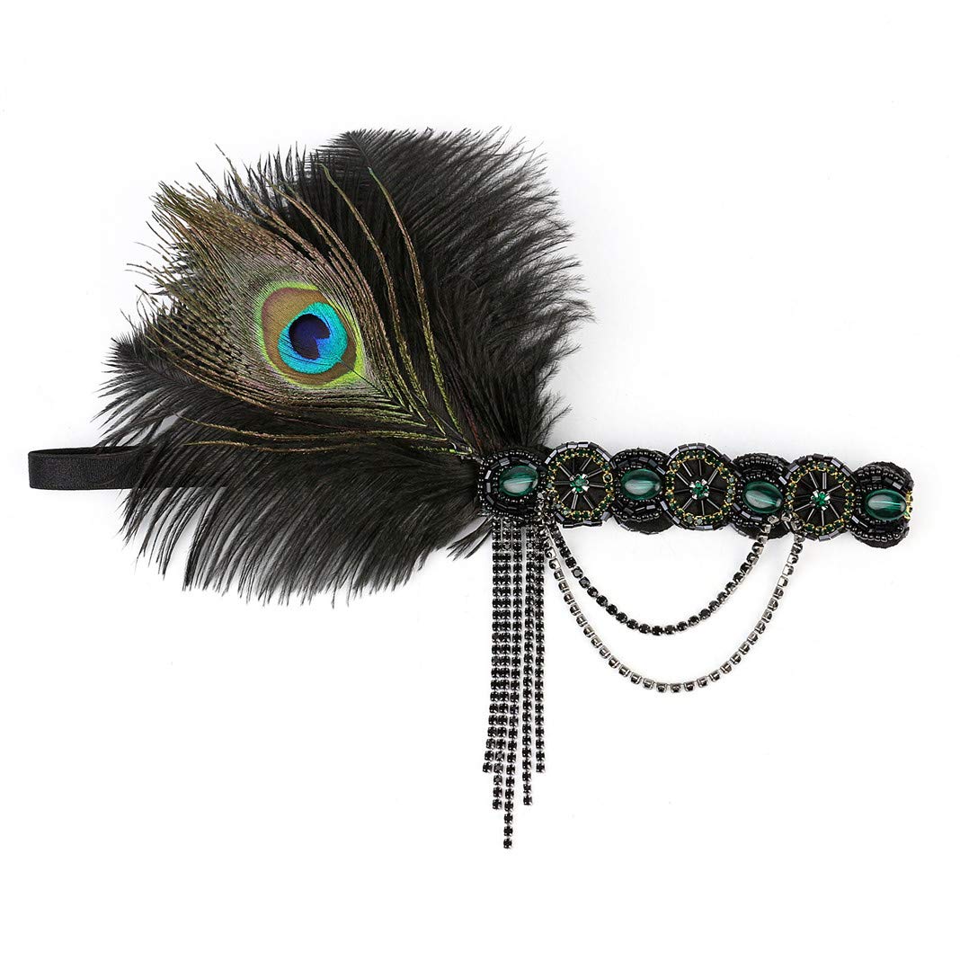 Lovfingu Art Deco 1920s Flapper Headband Feather Roaring 20s Great Gatsby Headpiece for Women Hair Accessories H-Green