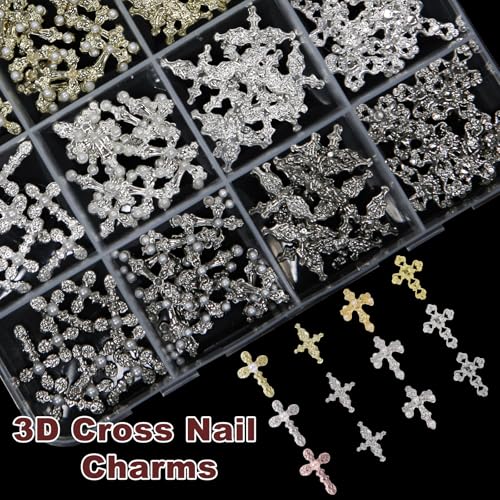 120Pcs Cross Nail Charms Set for DIY Manicure Gold Silver Black Jewelry Accents